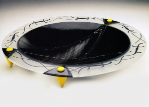 black and clear fused glass bowl with yellow accentst