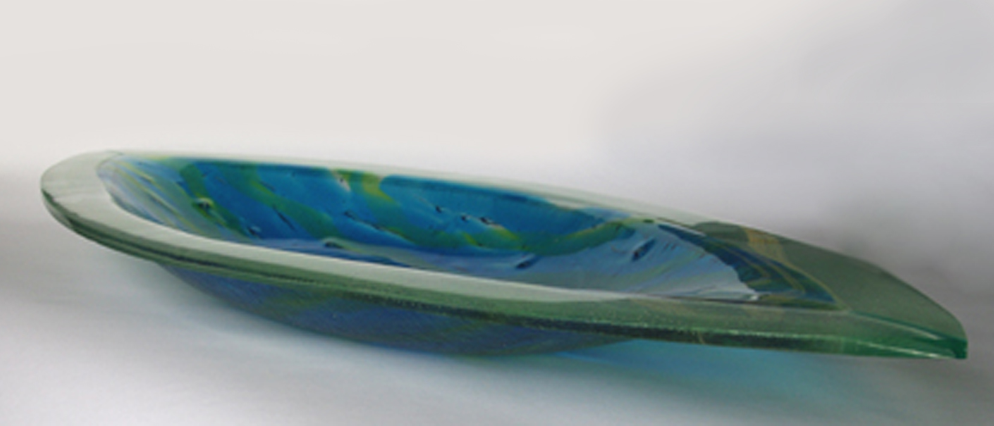 Malibu 1 fused glass platter in blue and green