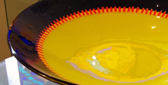 yellow red and black fused glass bowl