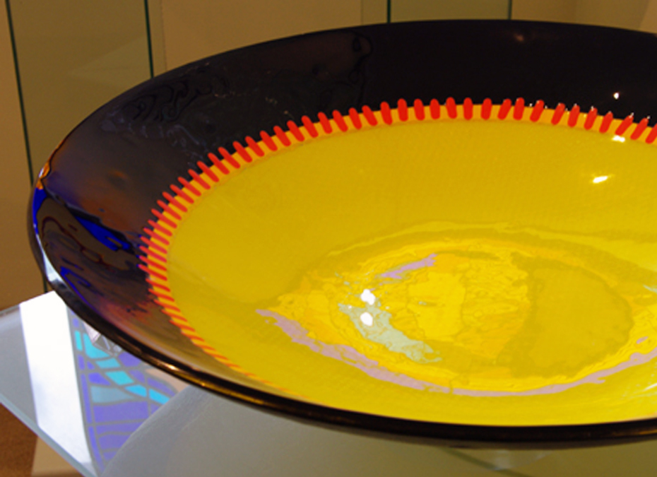 Tangerine Dream 1 yellow red and black fused glass bowl