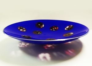 blue fused glass bowl with transparent pink circles