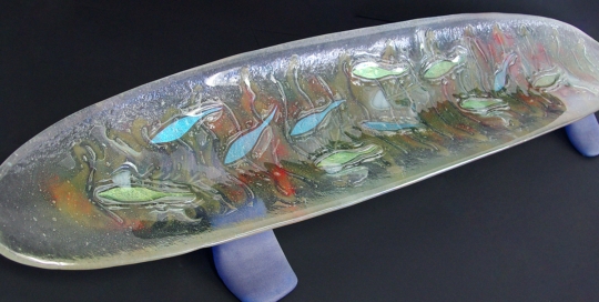 fused glass dish with clear and dichro fish