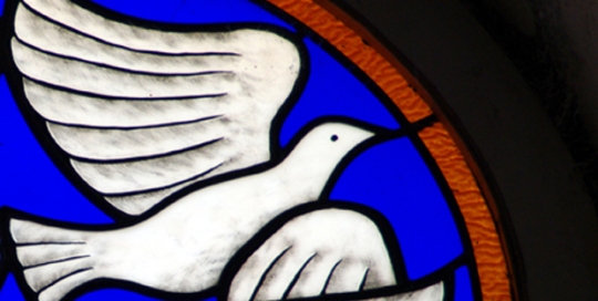 circular blue round stained glass window with four doves