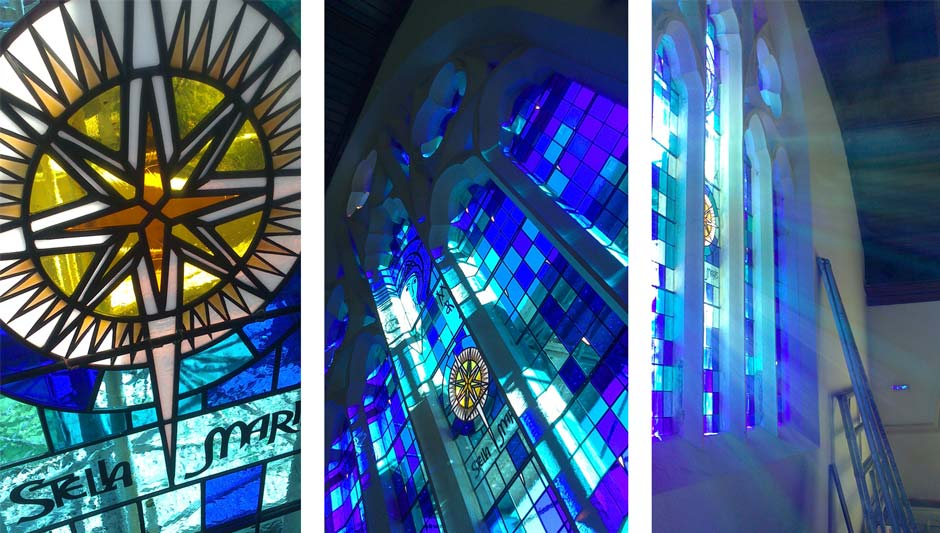 Mary Star of the Sea2 three picture collage or large blue stained glass windows in church