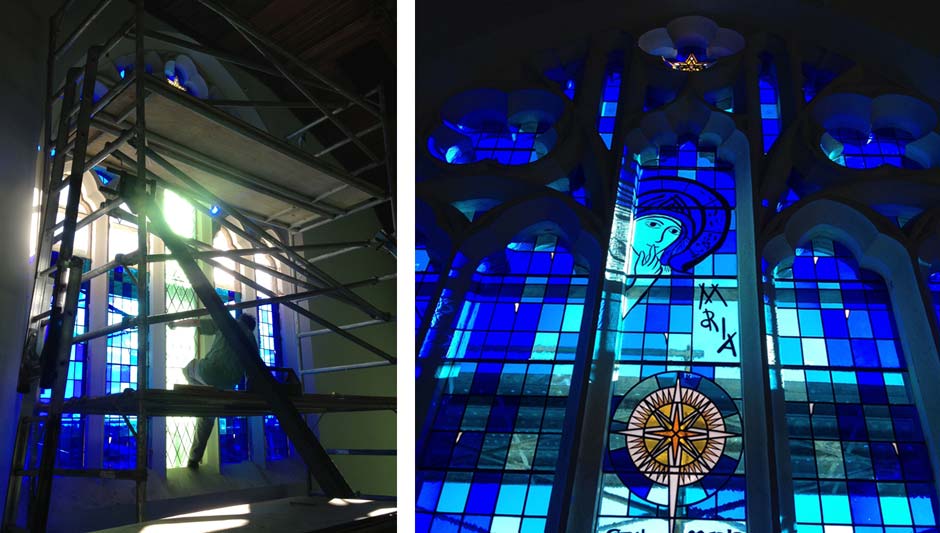 Mary Star of the Sea3 two photo of collage of man fitting stained glass using scaffolding and window installed