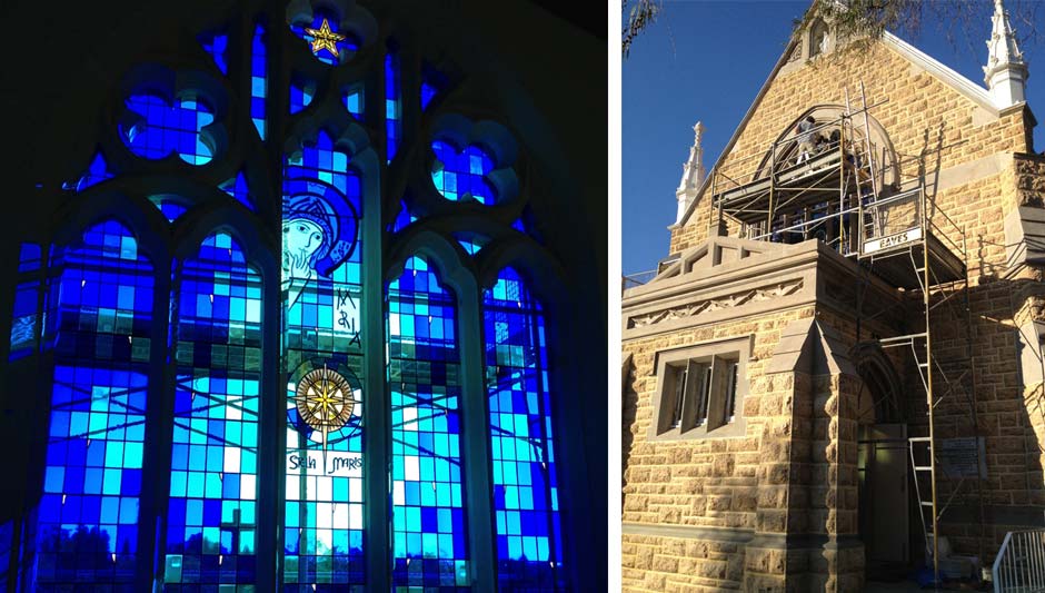 Mary Star of the Sea4 two picture collage of blue stained glass window with mary star of the sea and church with man fitting window on scaffolding outside of church