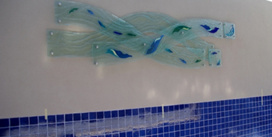 outdoor pool slumped glass sculpture