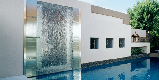 outdoor pool slumped glass water feature