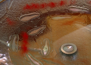 close up of slumped glass bowl with water in church font