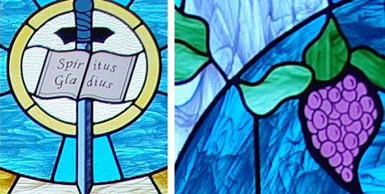 two photo collage of stained glass with sword and grapes