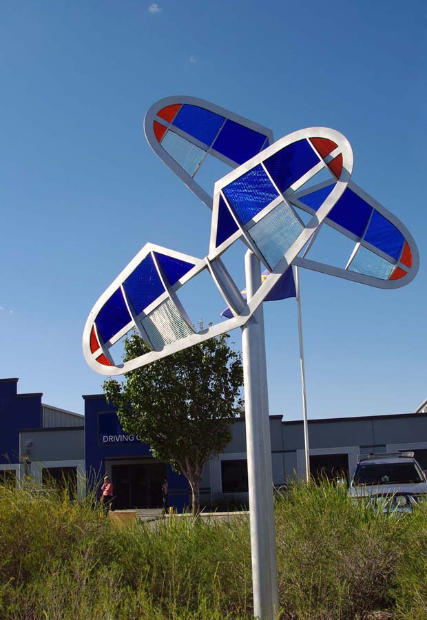Westralia Airports Corporation3 aeroplane wing inspired sculpture in blue red and clear glass