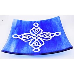 blue fused glass plate with white celtic knot