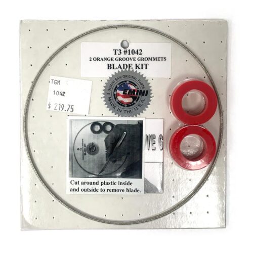packaged separating blade kit with two orange groove grommets, blade and instruction sheet