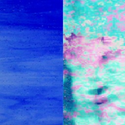 two photos of glass showing dark blue and iridised dark blue