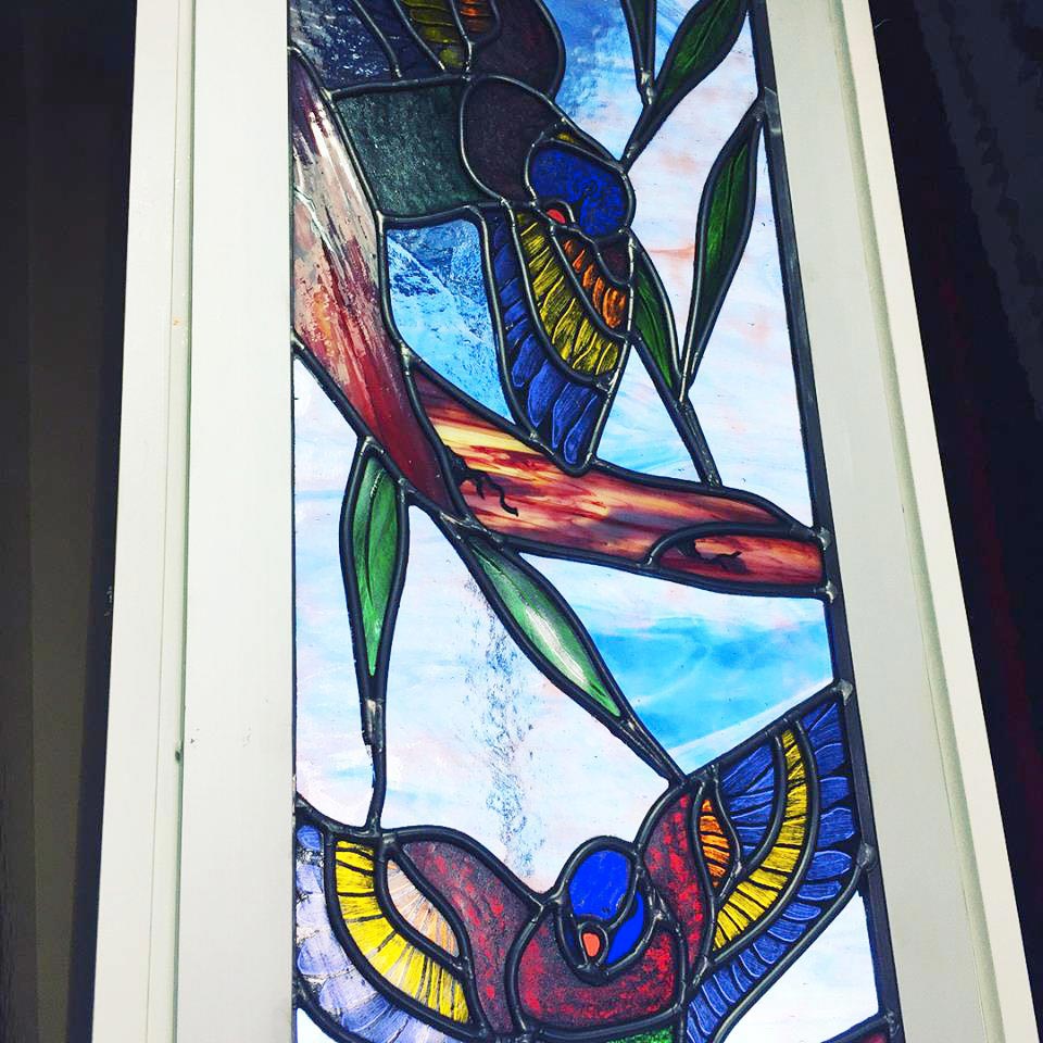 stained glass parrots, leadlight, australian