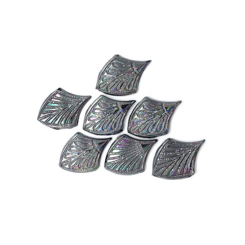 7 grey transparent ornate glass mosaics in arrow head shape on white background