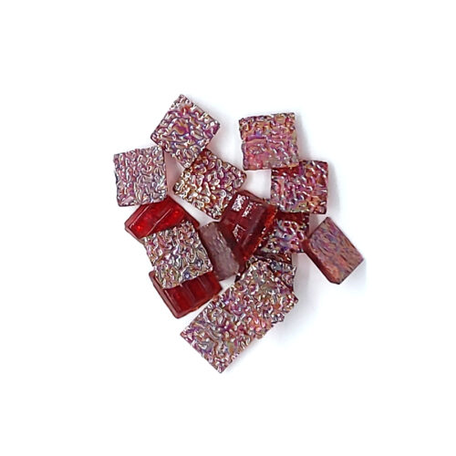 sparkly red pearl iridescent glass mosaic tiles pile
