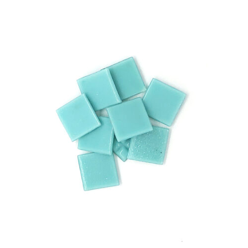 light sky blue 20mm glass mosaic with flat finish tiles in pile on white background