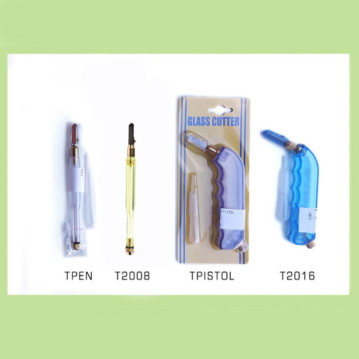 four types of glass cutters with sku's underneath. The TPen (basic pencil grip), T2008 (Toyo pencil grip), TPistol (basic pistol grip) and T2016 (Toyo pistol grip)