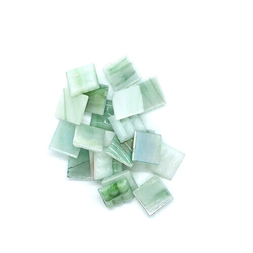 white and green streaky pearl iridescent glass mosaic tiles pile