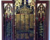 wwi leadlight memorial window with three panels and names of deceased