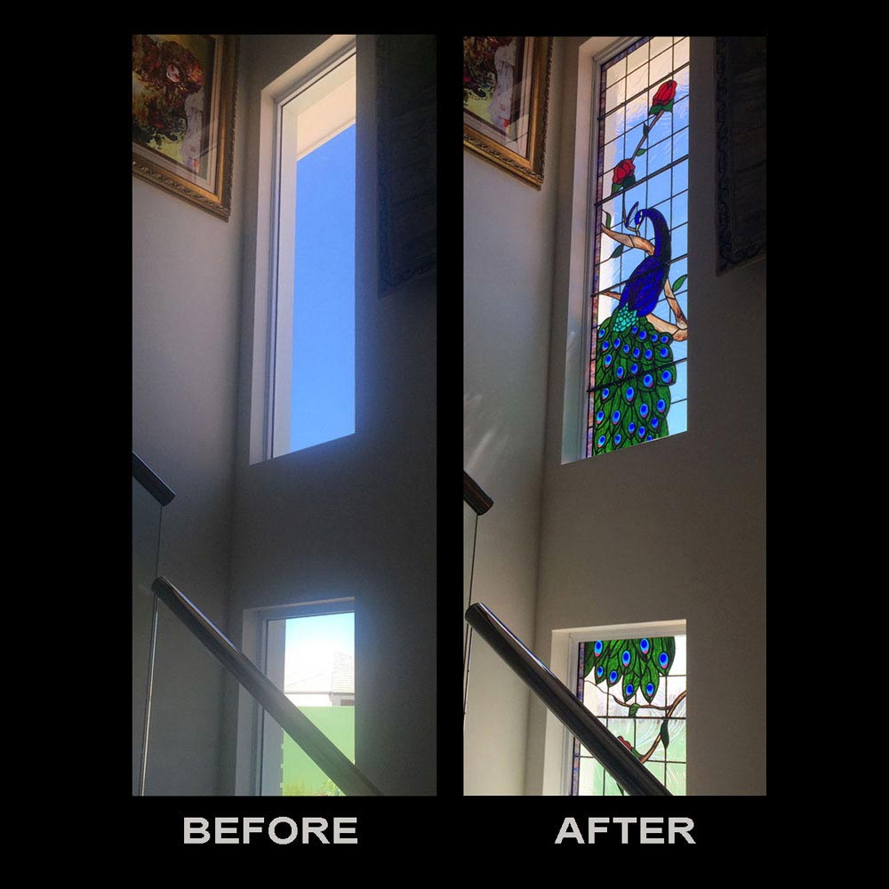 stairwell window showing clear window glass before and peacock stained glass after