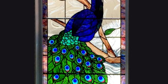 stained glass peacock stairwell window