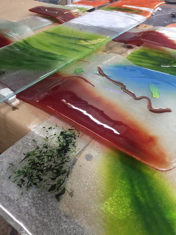 close up of glass coloured with frit and stringers