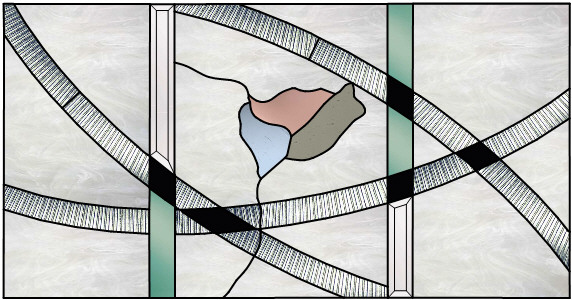 art deco computer generated stained glass design with clear textures, pale olive green, pink and blue highlights