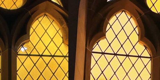 before and after side by side view of broken glass windows