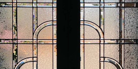 double doors with stained glass bevels and glue chip