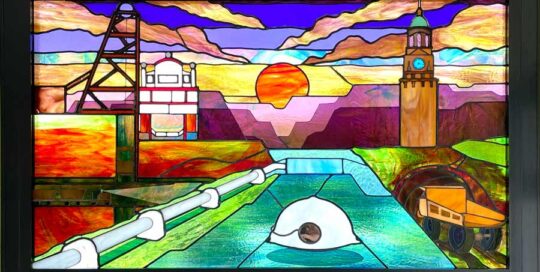 multilayered leadlight panel of mining town